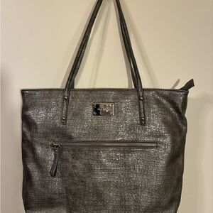 Nine West Metallic Gray Tote Bag Faux Alligator EUC Pewter Zip Top Polished